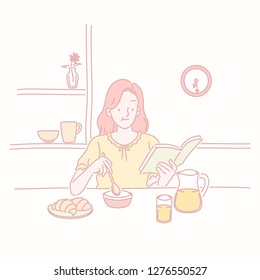 Lady eating croissant while reading in line style