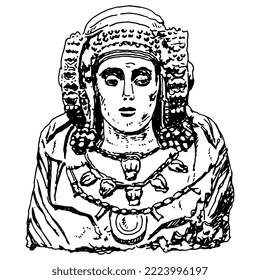 Lady of Elche. Famous Iberian female bust. Goddess Tanit. Ancient sculpture portrait of a beautiful woman in elaborate hat. Hand drawn ink sketch. Black and white vector silhouette.