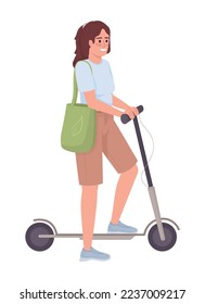 Lady with electric scooter semi flat color vector character. Clean vehicle. Editable figure. Full body person on white. Simple cartoon style illustration for web graphic design and animation