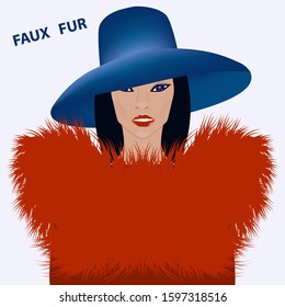 Lady in elegant blue hat and red coat with a fur collar, long pile - vector. Artificial fur. Winter clothes. Headdress female.