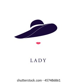 Lady elegante en el sombrero. silueta azul oscuro y labios rosas aislados en fondo blanco.