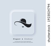 Lady with elegant hat and lips. Beautiful female face. Elegant and Glamour icon, logo. Womens elegant hat. Vector EPS 10. Neumorphic UI UX