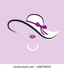 lady with elegant hat with purple bow and pearl necklace vector illustration EPS10