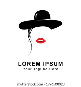 Dame mit eleganter Hut rote Lippen, Vektorgrafik. 