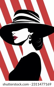 lady with elegant hat with red lips vector illustration