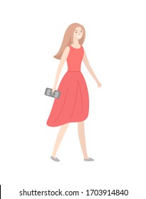 Lady In Elegant Red Dress And Sack, With Long Hair Profile View Isolated Character In Flat Design Cartoon Style. Vector Woman In Evening Gown, Glamour Girl