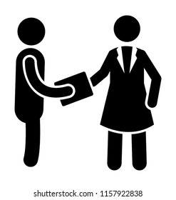
A lady employer is assigning task to her office assistant by handling him file 
