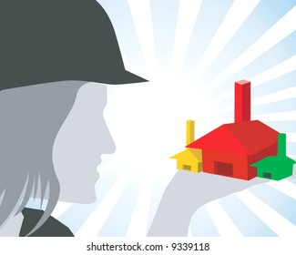 a lady engineer holding three houses in hand	
