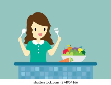 Lady Enjoy Eating Healthy Food Vector Cartoon.