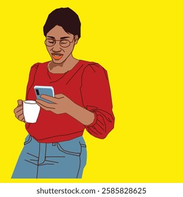 Lady enjoying a cup of coffee while reading her phone messages.