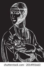 Señora con fondo negro Ermine, línea blanca, linocut
