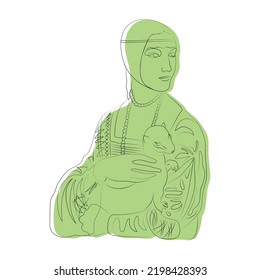 Lady with an Ermine, line art, color spots, minimalism, red, green, blue