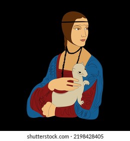 Lady with an Ermine, line art, color spots, minimalism, red, green, blue