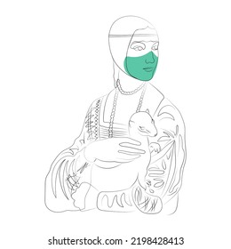 Lady with an Ermine in a mask, line art, color spots, minimalism, coronavirus, covid