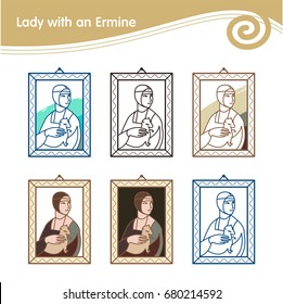 Lady with an ermine. Set of vector icons. Illustration painting artist Leonardo da Vinci.