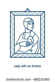 Lady with an ermine. Vector line icon. Illustration painting artist Leonardo da Vinci.