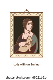 Lady with an ermine. Vector linear illustration. Illustration painting artist Leonardo da Vinci. 