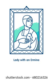 Lady with an ermine. Vector linear illustration. Painting by Leonardo da Vinci.