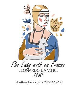 The Lady with an Ermine. Vector minimal line hand drawn illustration on white. Icon.
