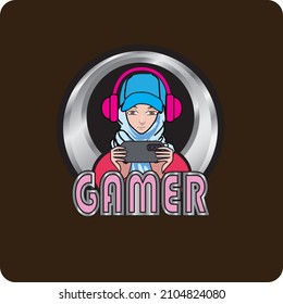 Lady Esport Logo,  Hijab Girl Online Mobile Gamer Icon - Vector