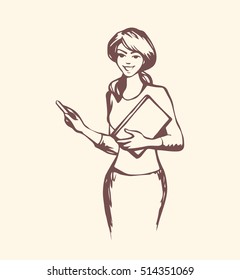 Lady explain training.  Freehand outline ink hand drawn picture sketch in modern doodle graphic style pen on paper with space for text