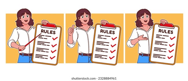 una dama explicando las reglas, los tableros de reglas, haciendo listas de verificación