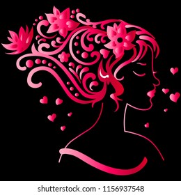 lady face and beautiful hair in red color vector illustration on black back ground