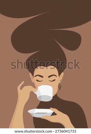 lady face with coffee, cat, long hair 