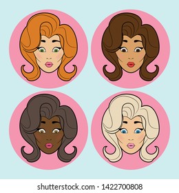 Lady face with different skin colors vector art icons