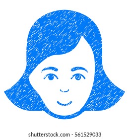 Lady Face grainy textured icon for overlay watermark stamps. Flat symbol with unclean texture. Dotted vector blue ink rubber seal stamp with grunge design on a white background.