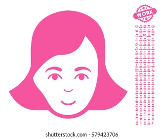 Lady Face icon with bonus human pictograms. Vector illustration style is flat iconic pink symbols on white background.