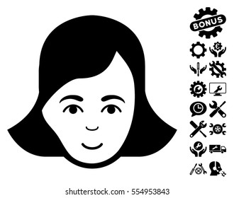 Lady Face icon with bonus tools images. Vector illustration style is flat iconic black symbols on white background.