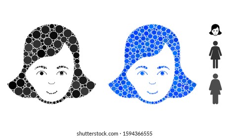 Lady face mosaic of filled circles in various sizes and shades, based on lady face icon. Vector filled circles are united into blue mosaic. Dotted lady face icon in usual and blue versions.