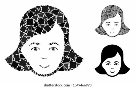 Lady face mosaic of unequal items in different sizes and color tones, based on lady face icon. Vector bumpy items are united into collage. Lady face icons collage with dotted pattern.