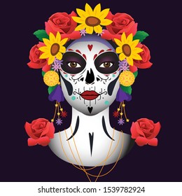 Lady face paint skull with floral decoration - day of dade.