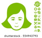 Lady Face pictograph with bonus settings clip art. Vector illustration style is flat iconic eco green symbols on white background.