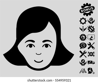 Lady Face pictograph with bonus settings images. Vector illustration style is flat iconic black symbols on light gray background.