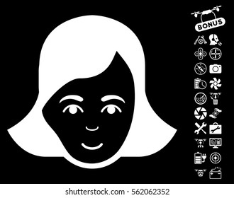 Lady Face pictograph with bonus uav service icon set. Vector illustration style is flat iconic white symbols on black background.