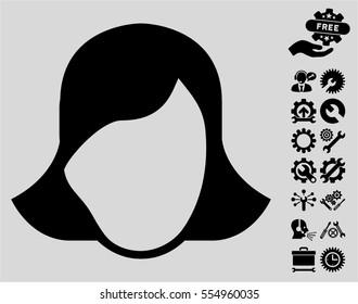 Lady Face Template pictograph with bonus settings pictograms. Vector illustration style is flat iconic black symbols on light gray background.