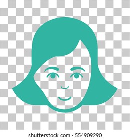 Lady Face vector icon. Illustration style is flat iconic cyan symbol on a chess transparent background.