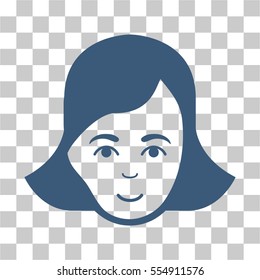 Lady Face vector icon. Illustration style is flat iconic blue symbol on a chess transparent background.