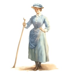 Lady Farmer Classic Vintage Illustration In Watercolor