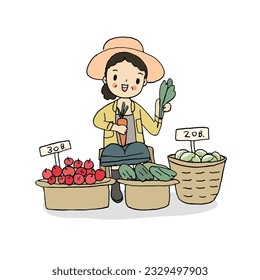 Lady farmer selling fresh fruits and vegetables at local market. Hand drawn style vector illustration.