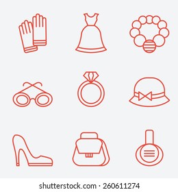 Lady fashion accessories, thin line icons, flat design