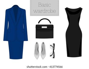 Lady fashion set of office outfit. Illustration stylish and trendy clothing. Basic wardrobe. Jacket, skirt, bag, dress, shoes and eyeglasses