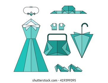 Lady fashion set of summer outfit. Illustration stylish and trendy clothing. Origami; shoes; clothes; bag; hat; umbrella, gloves. Cartoon flat vector illustration. Objects isolated on a background. 