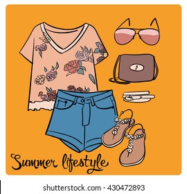 Lady fashion set of summer outfit. Illustration stylish and trendy clothing.
