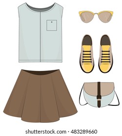 Lady fashion set of summer outfit. Illustration stylish and trendy clothing. Skirt, blouse, backpack, shoes. Vector.