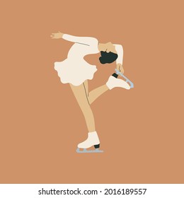 Lady Is Figure Skating. Vector Hand Drawn Illustration In Flat Cartoon Style.