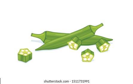 Lady Fingers or green okra and slices isolated on white background.